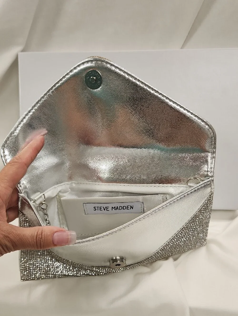👛 Steve Madden Silver Crystal Envelope Clutch with Shimmer Rhinestones